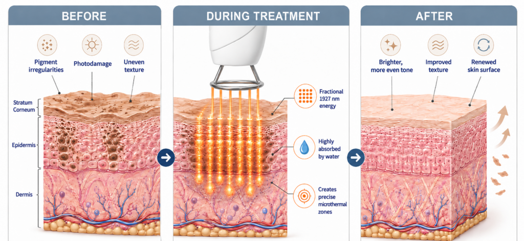 Medical illustration showing how Rynuva 1927 nm fractional thulium laser energy targets the skin. The image compares skin before treatment with pigmentation, sun damage, and uneven texture; during treatment with fractional energy absorbed by water and creating precise microthermal zones; and after treatment with a brighter, smoother, more renewed skin surface.